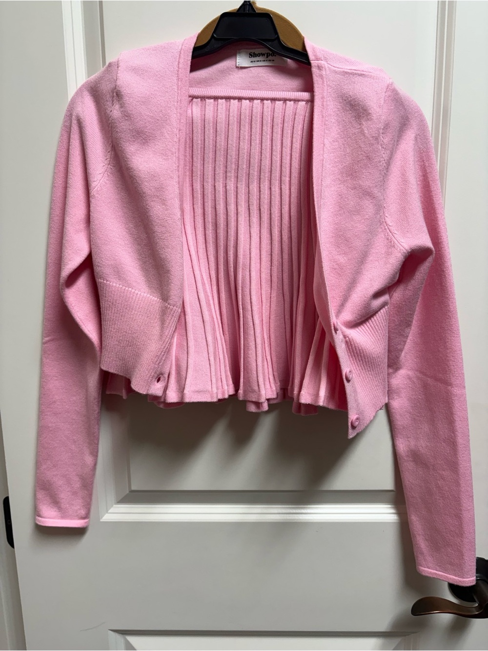 Showpo Pink Pleated Open-Front Cropped Cardigan with Skirt